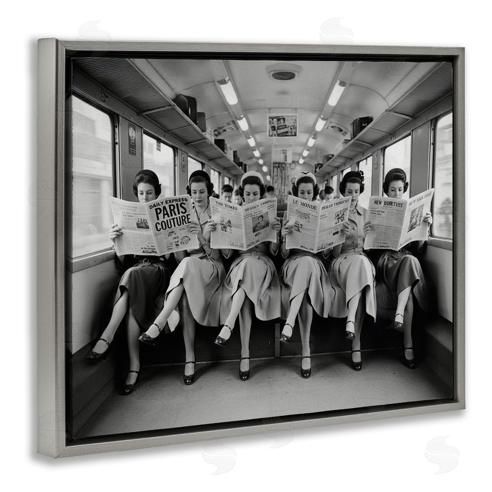 A Barefoot Stylist Newsprint Ladies on Train Gray Floating Frame Canvas Wall Art Print