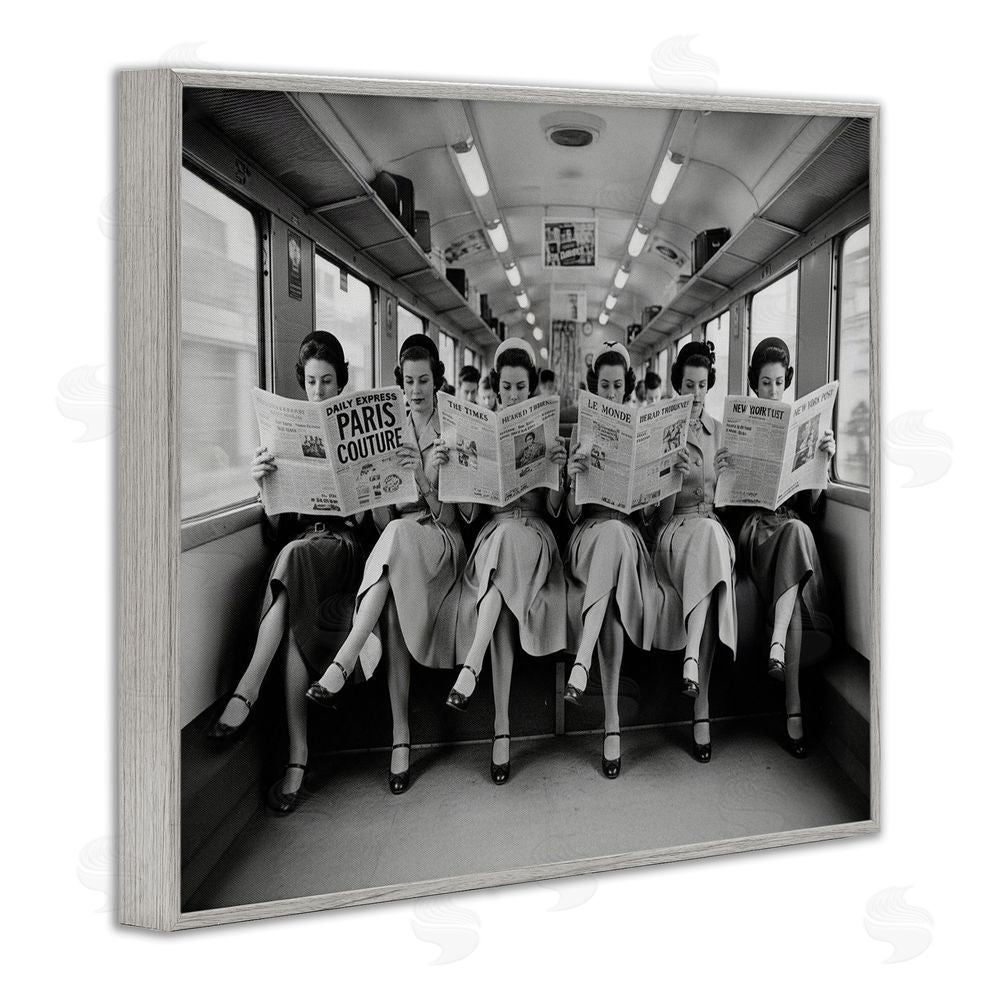 A Barefoot Stylist Newsprint Ladies on Train Gray Framed Giclee Wall Art Print