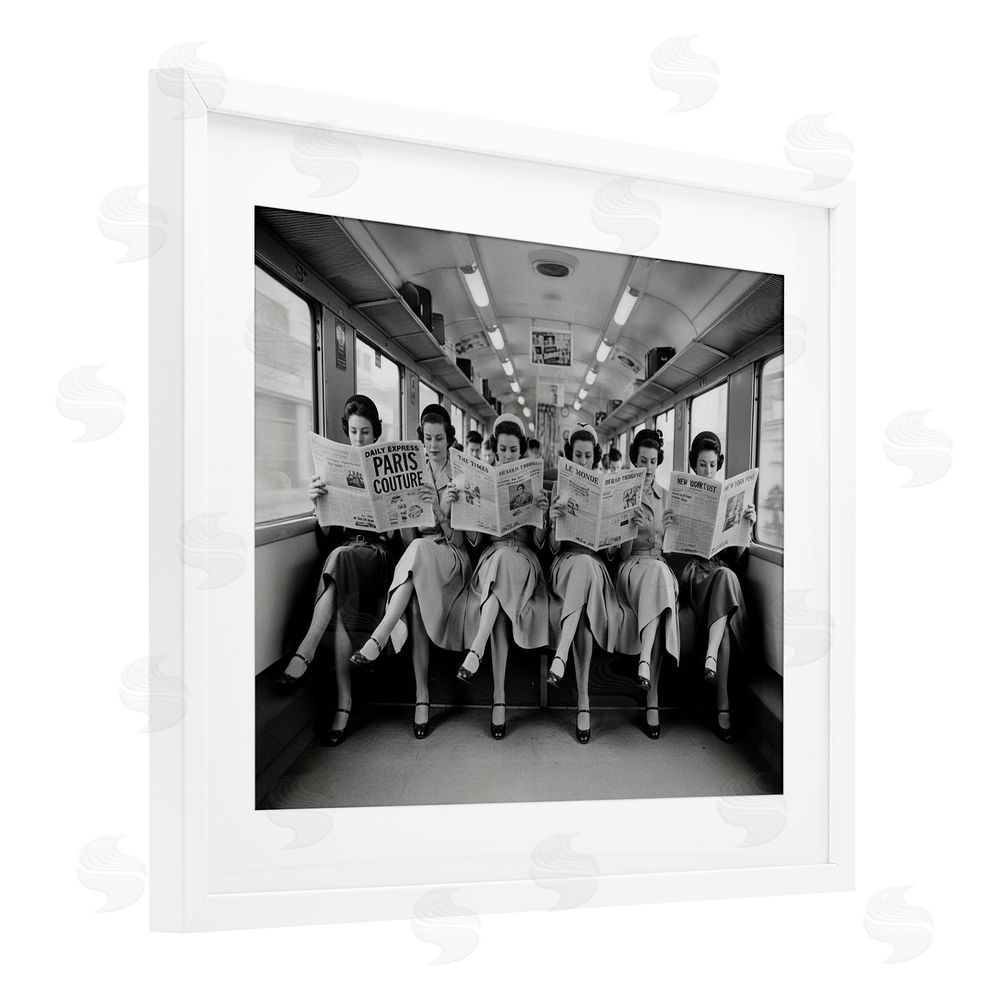 A Barefoot Stylist Newsprint Ladies on Train White Framed Print Under Glass Wall Art