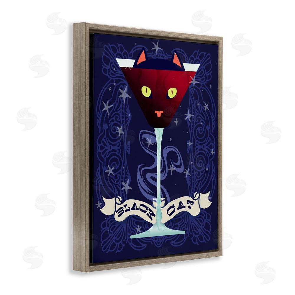 Lil' Rue Black Cat Midnight Cocktail Brown Floating Frame Canvas Wall Art Print