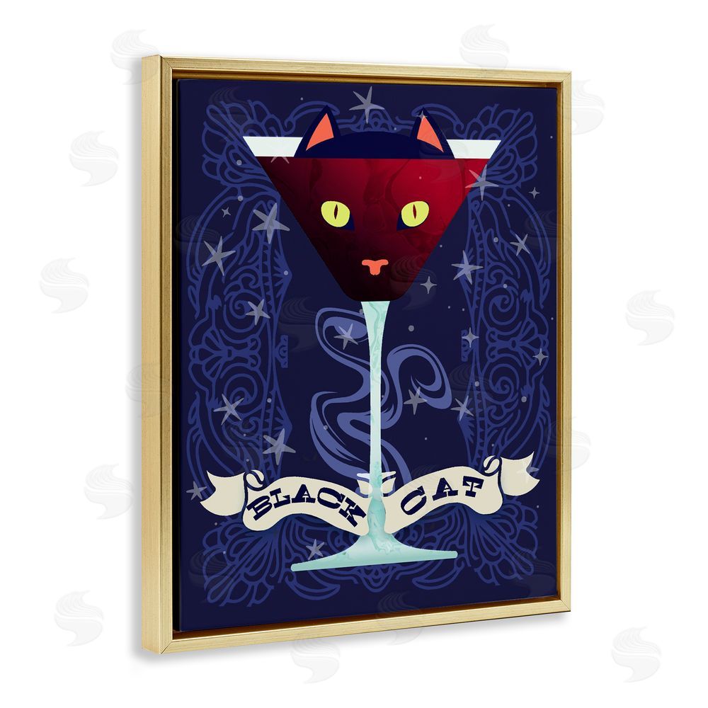 Lil' Rue Black Cat Midnight Cocktail Gold Floating Frame Canvas Wall Art Print