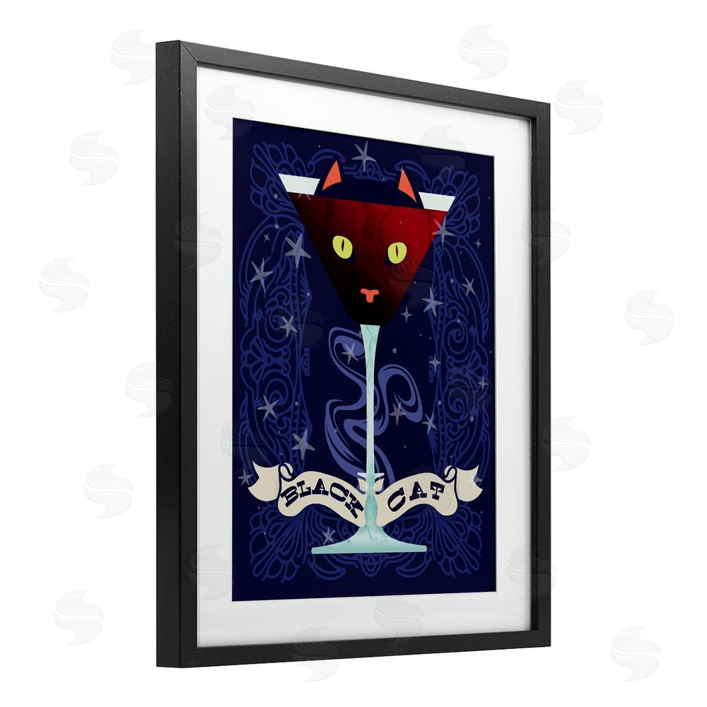Lil' Rue Black Cat Midnight Cocktail Black Framed Print Under Glass Wall Art