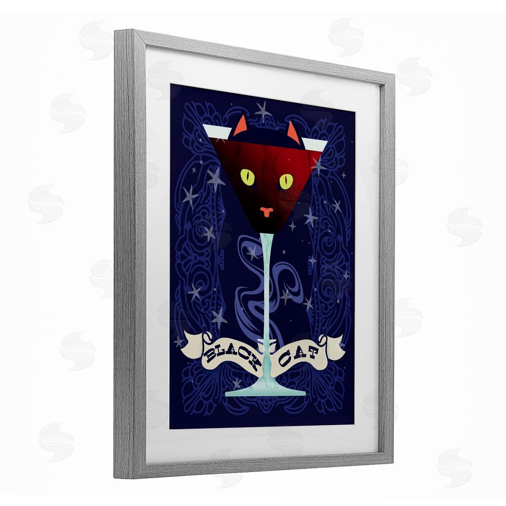 Lil' Rue Black Cat Midnight Cocktail Gray Framed Print Under Glass Wall Art