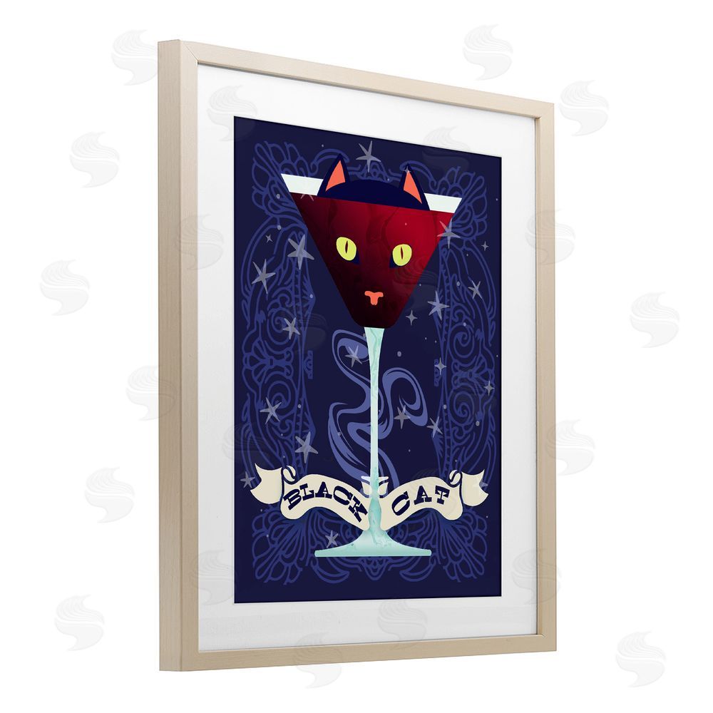 Lil' Rue Black Cat Midnight Cocktail Brown Framed Print Under Glass Wall Art