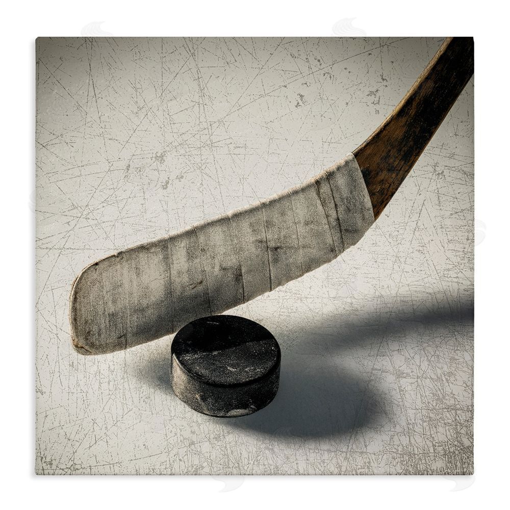 Ziwei Li Vintage Hockey Stick & Puck Stretched Canvas Wall Art Print