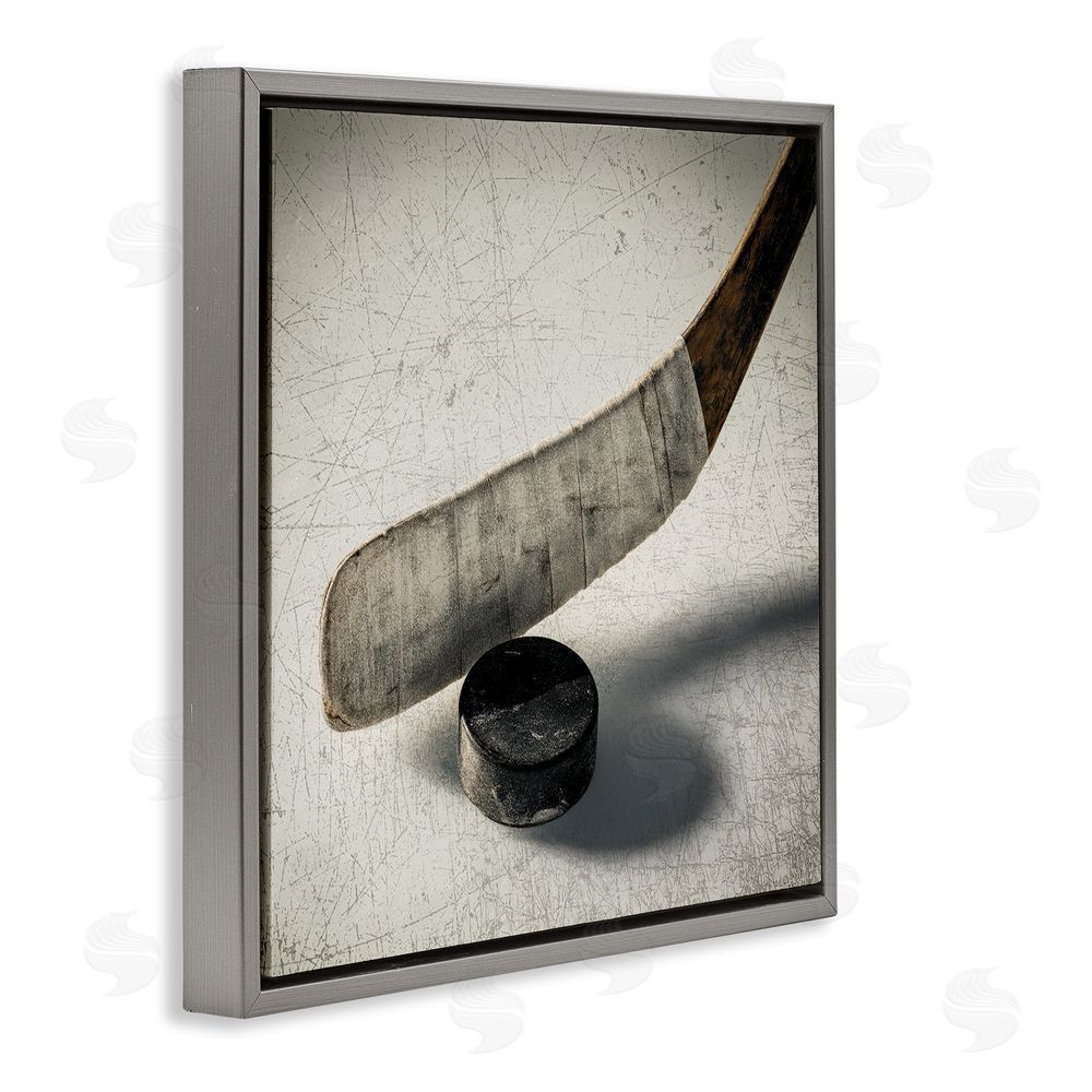 Ziwei Li Vintage Hockey Stick & Puck Gray Floating Frame Canvas Wall Art Print