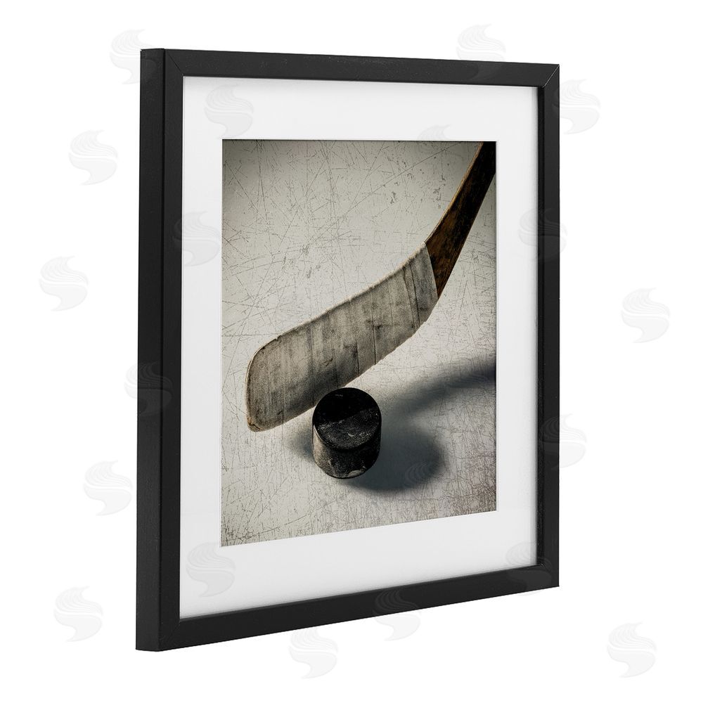 Ziwei Li Vintage Hockey Stick & Puck Black Framed Print Under Glass Wall Art
