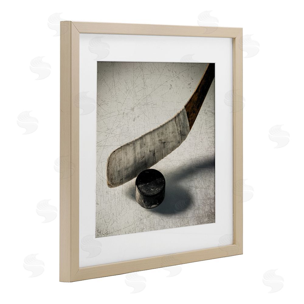 Ziwei Li Vintage Hockey Stick & Puck Brown Framed Print Under Glass Wall Art