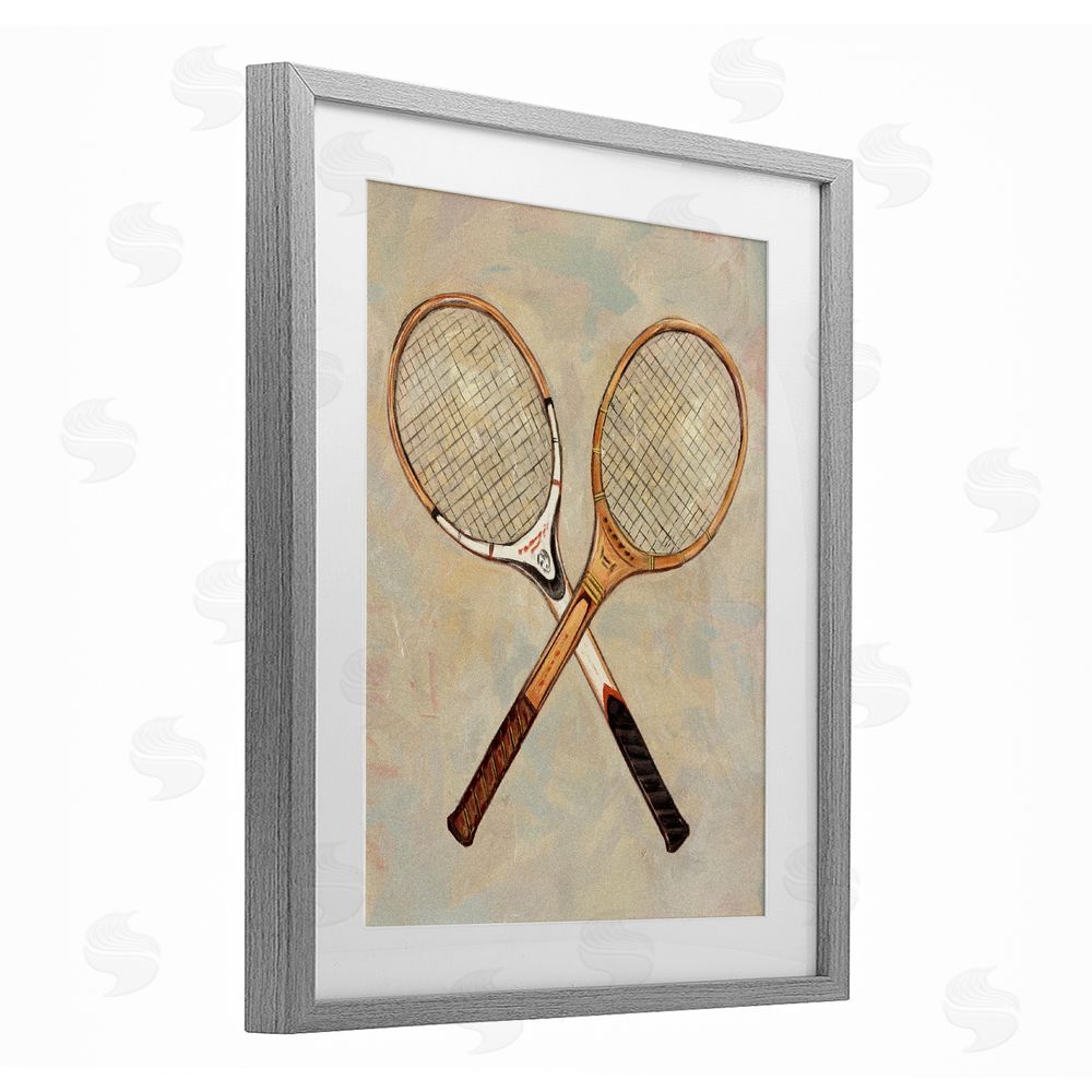 Ziwei Li Crossed Vintage Tennis Rackets Gray Framed Print Under Glass Wall Art