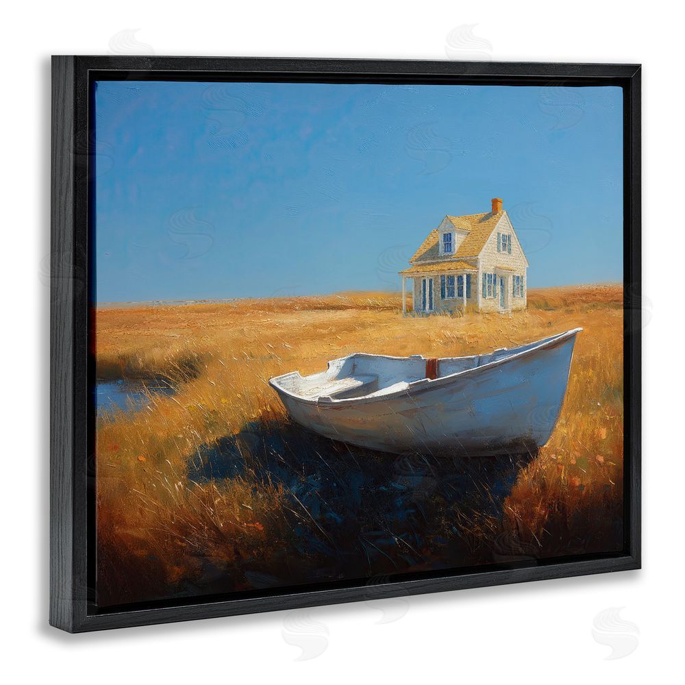 Ziwei Li Seaside Cottage & White Rowboat Black Floating Frame Canvas Wall Art Print