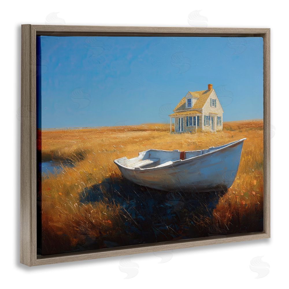 Ziwei Li Seaside Cottage & White Rowboat Brown Floating Frame Canvas Wall Art Print
