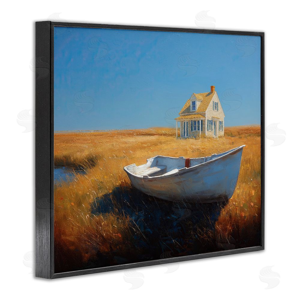 Ziwei Li Seaside Cottage & White Rowboat Black Framed Giclee Wall Art Print
