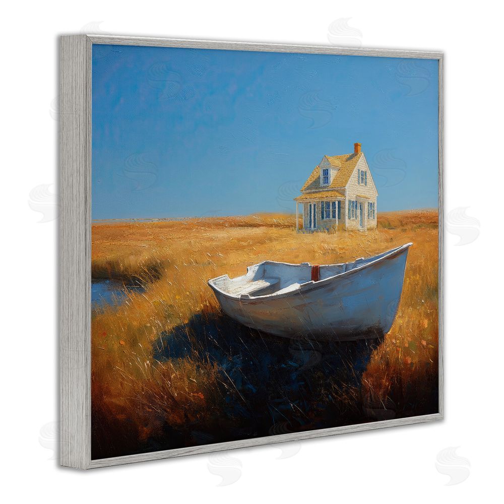 Ziwei Li Seaside Cottage & White Rowboat Gray Framed Giclee Wall Art Print