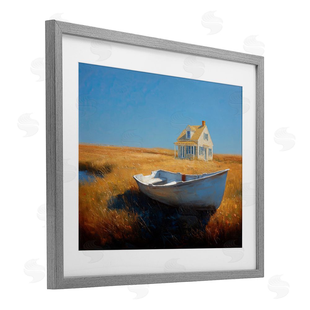 Ziwei Li Seaside Cottage & White Rowboat Gray Framed Print Under Glass Wall Art