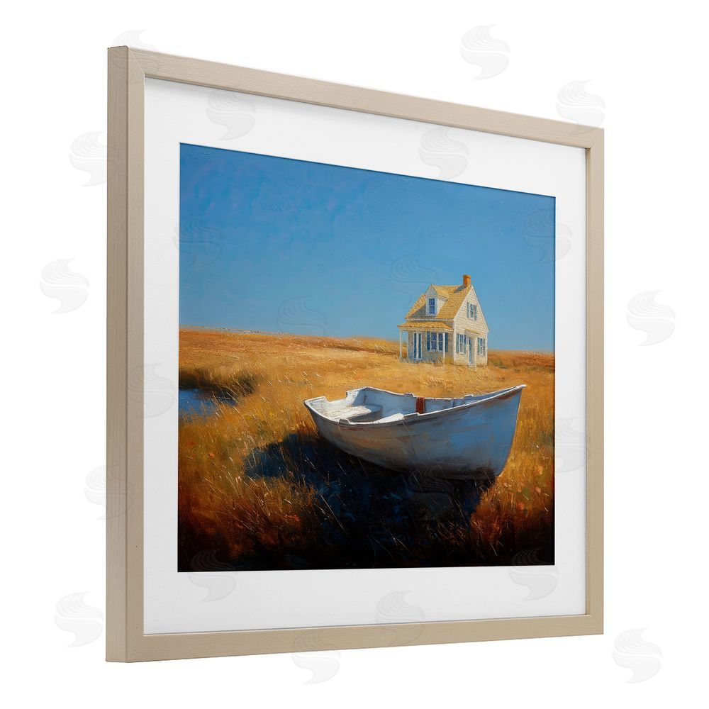 Ziwei Li Seaside Cottage & White Rowboat Brown Framed Print Under Glass Wall Art