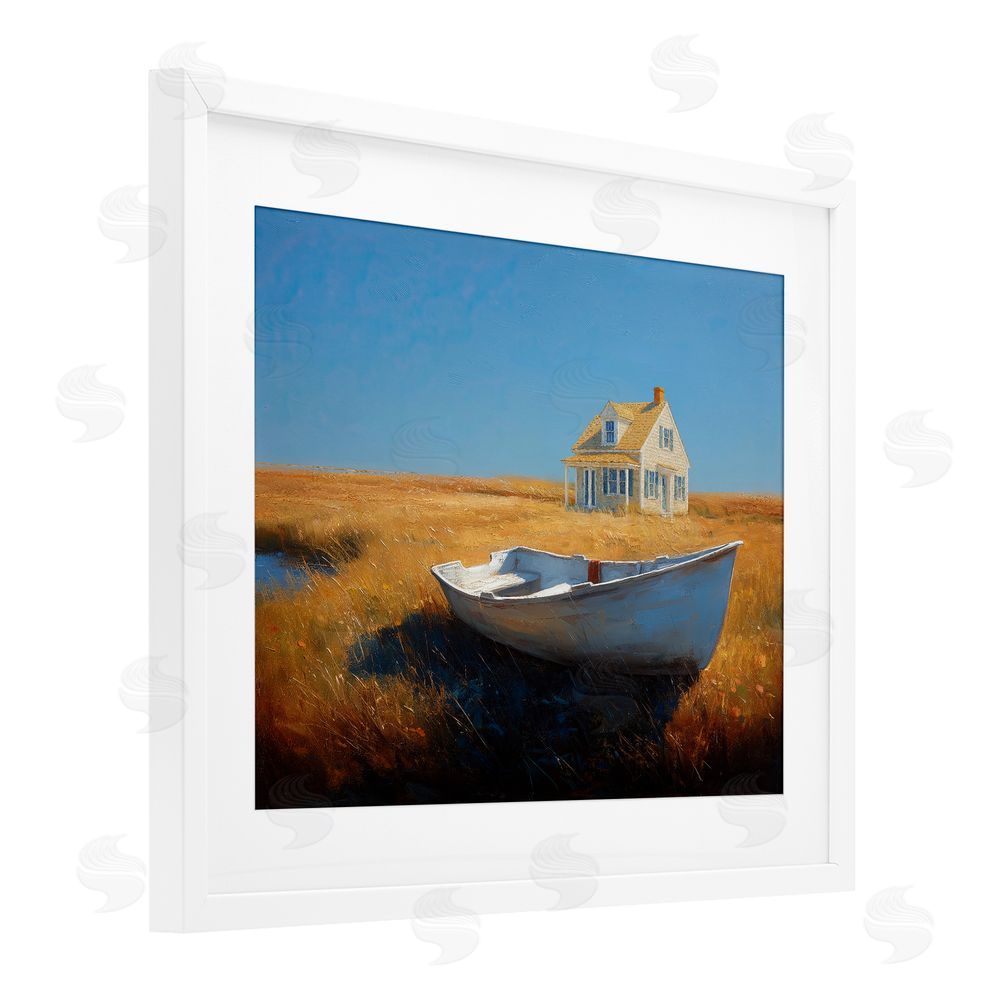 Ziwei Li Seaside Cottage & White Rowboat White Framed Print Under Glass Wall Art