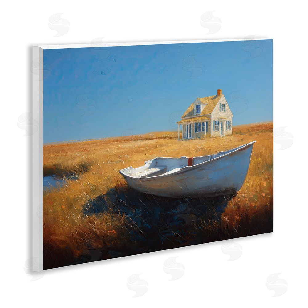 Ziwei Li Seaside Cottage & White Rowboat Wooden Wall Plaque Art Print