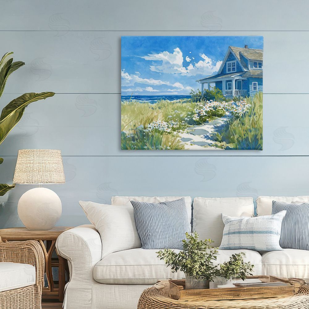 Ziwei Li Seaside Cottage with Daisies Stretched Canvas Wall Art in Room