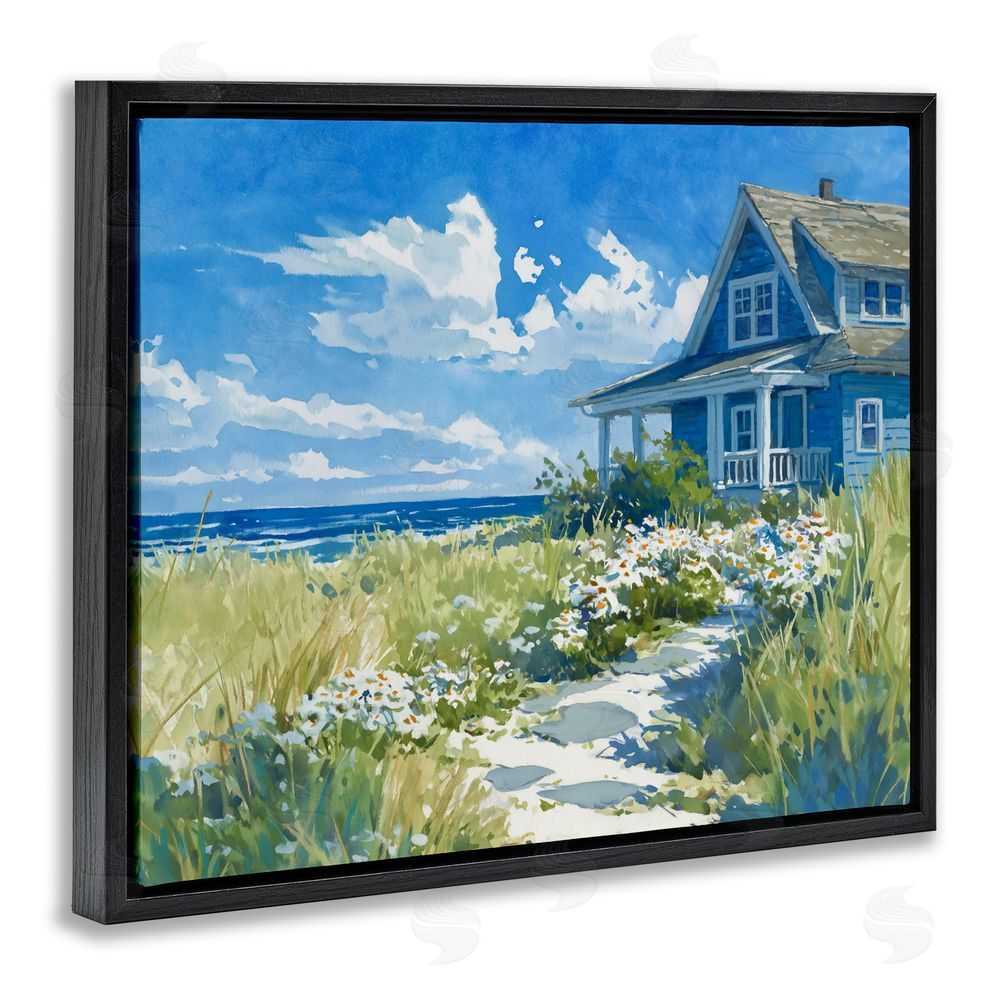 Ziwei Li Seaside Cottage with Daisies Black Floating Frame Canvas Wall Art Print