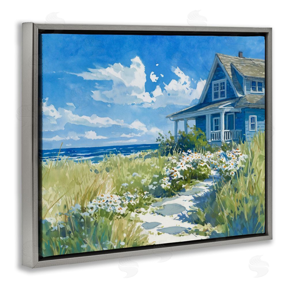 Ziwei Li Seaside Cottage with Daisies Gray Floating Frame Canvas Wall Art Print