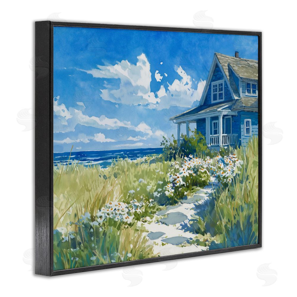 Ziwei Li Seaside Cottage with Daisies Black Framed Giclee Wall Art Print