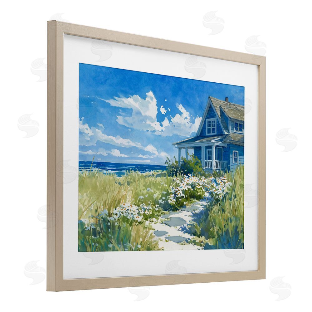 Ziwei Li Seaside Cottage with Daisies Brown Framed Print Under Glass Wall Art