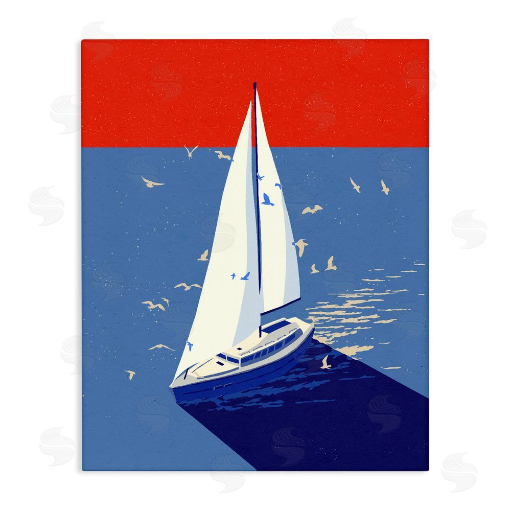 Ziwei Li Red & Blue Sailboat at Sea Stretched Canvas Wall Art Print