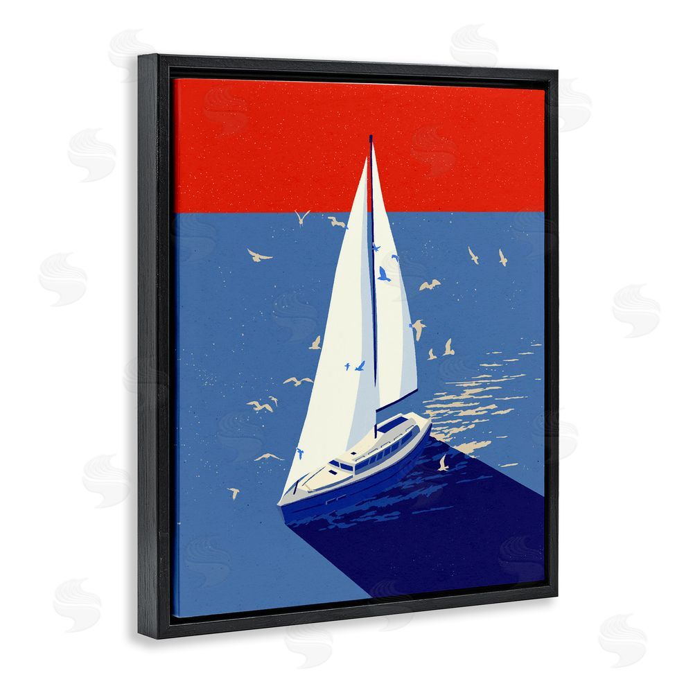 Ziwei Li Red & Blue Sailboat at Sea Black Floating Frame Canvas Wall Art Print