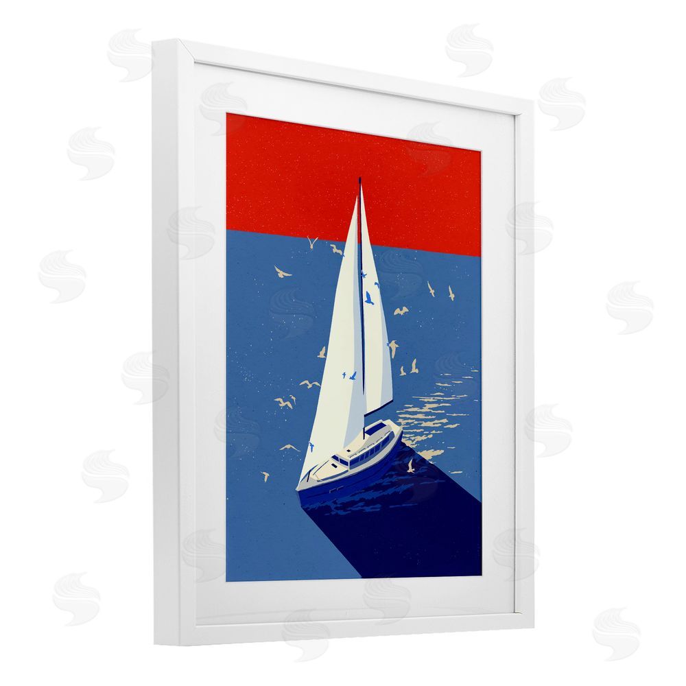 Ziwei Li Red & Blue Sailboat at Sea White Framed Print Under Glass Wall Art