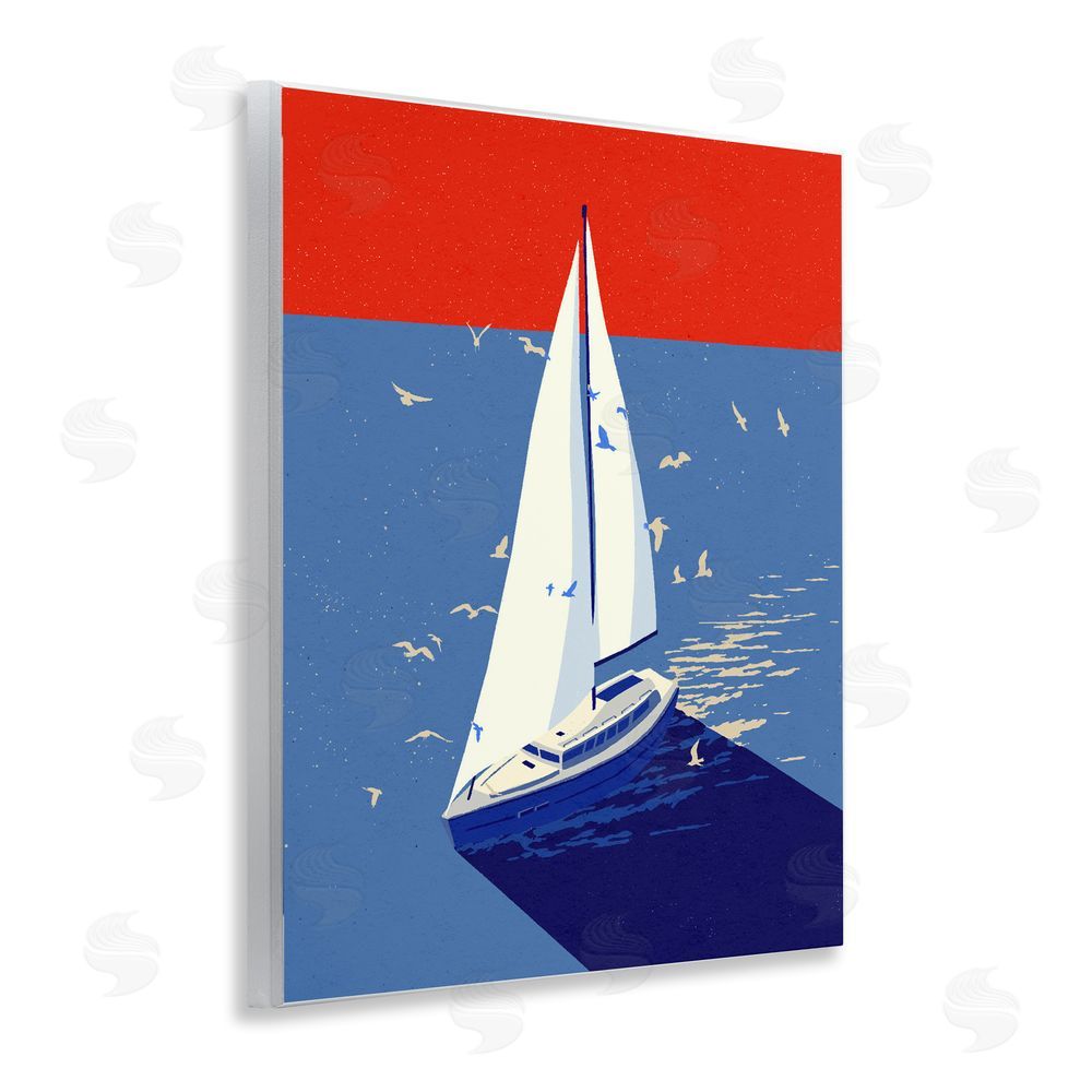 Ziwei Li Red & Blue Sailboat at Sea Wooden Wall Plaque Art Print