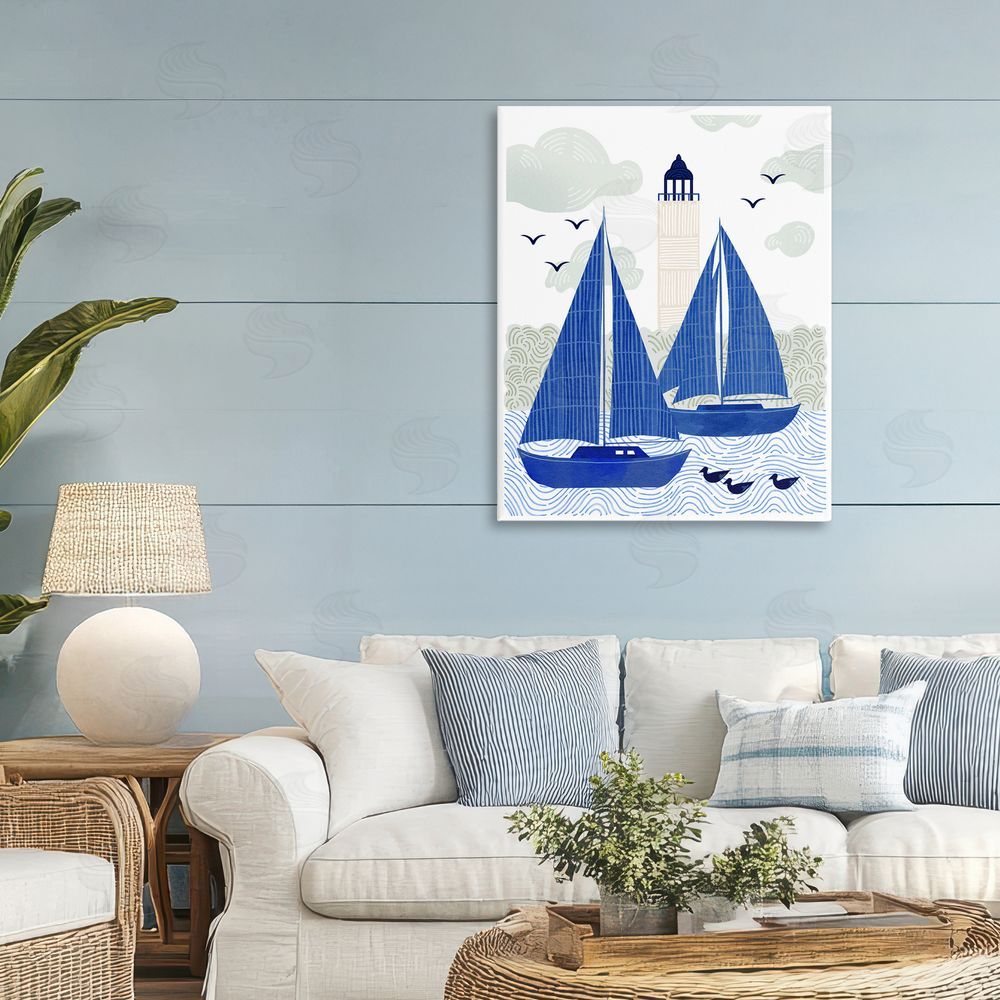 Ziwei Li Two Blue Sailboats by Lighthouse