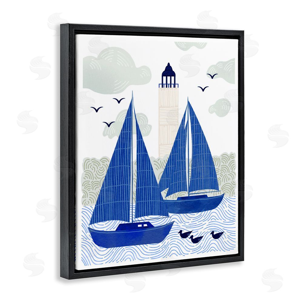 Ziwei Li Two Blue Sailboats by Lighthouse Black Floating Frame Canvas Wall Art Print