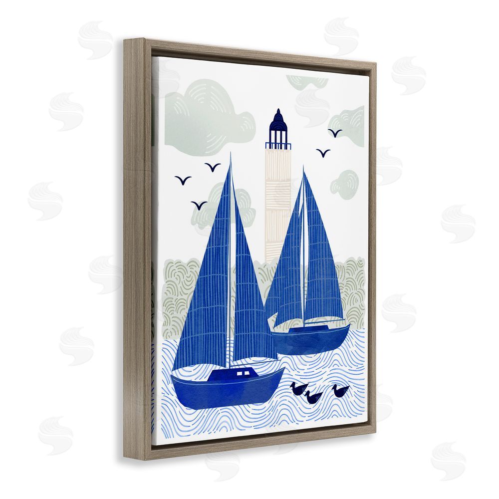 Ziwei Li Two Blue Sailboats by Lighthouse Brown Floating Frame Canvas Wall Art Print