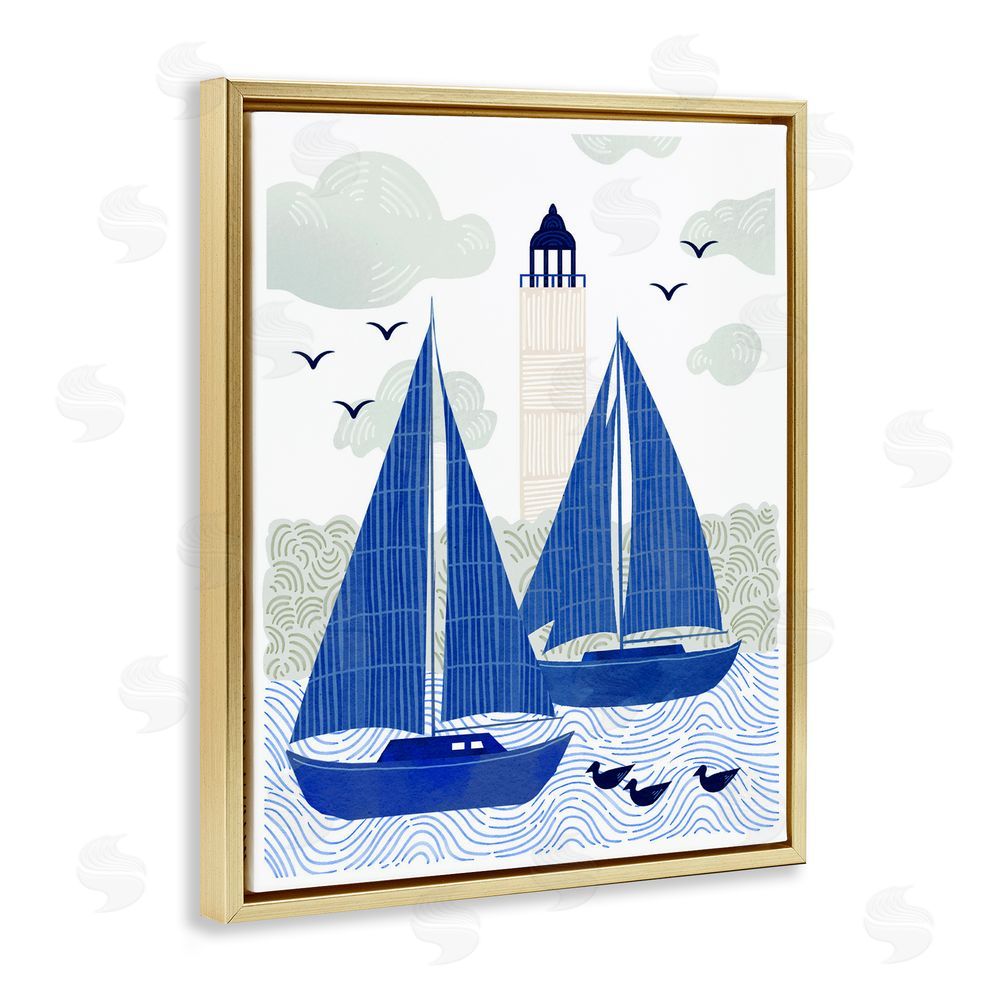 Ziwei Li Two Blue Sailboats by Lighthouse Gold Floating Frame Canvas Wall Art Print
