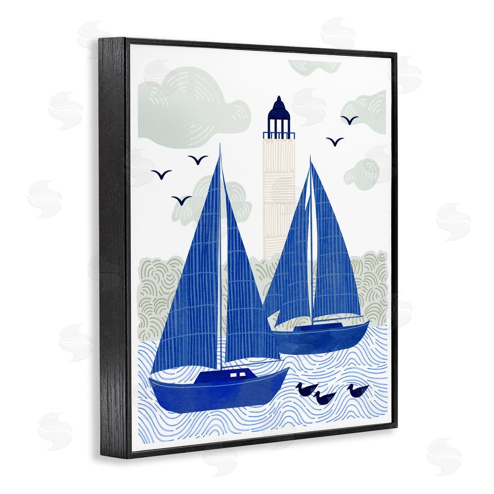 Ziwei Li Two Blue Sailboats by Lighthouse Black Framed Giclee Wall Art Print