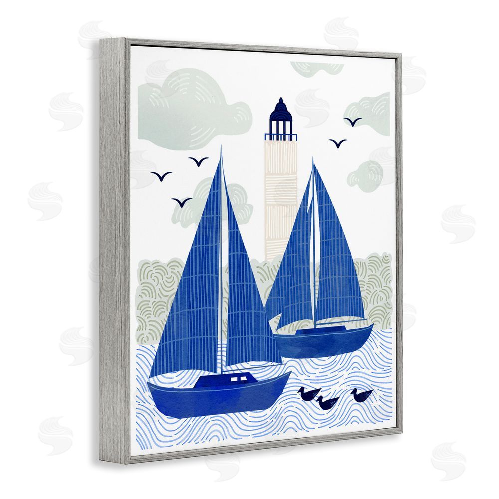 Ziwei Li Two Blue Sailboats by Lighthouse Gray Framed Giclee Wall Art Print