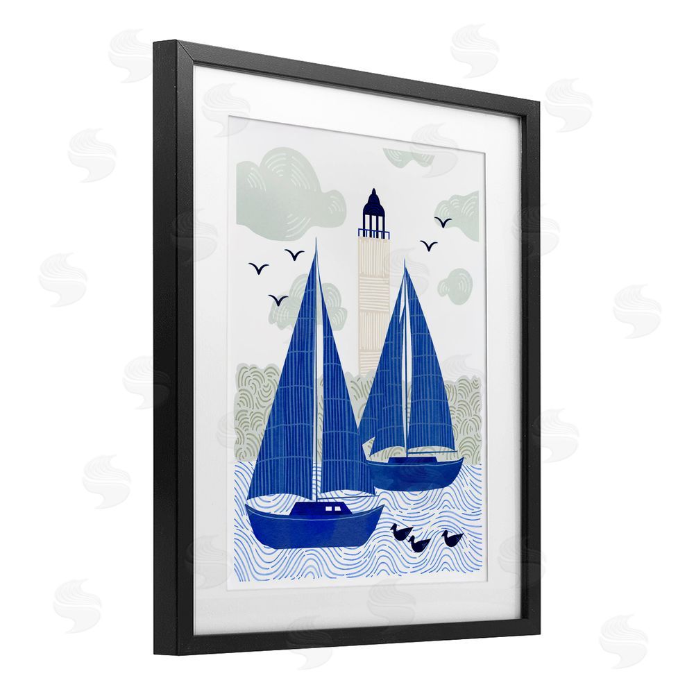 Ziwei Li Two Blue Sailboats by Lighthouse Black Framed Print Under Glass Wall Art