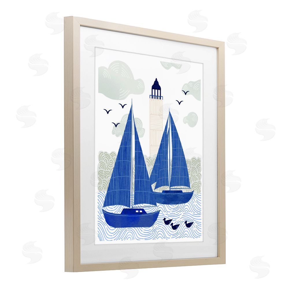 Ziwei Li Two Blue Sailboats by Lighthouse Brown Framed Print Under Glass Wall Art