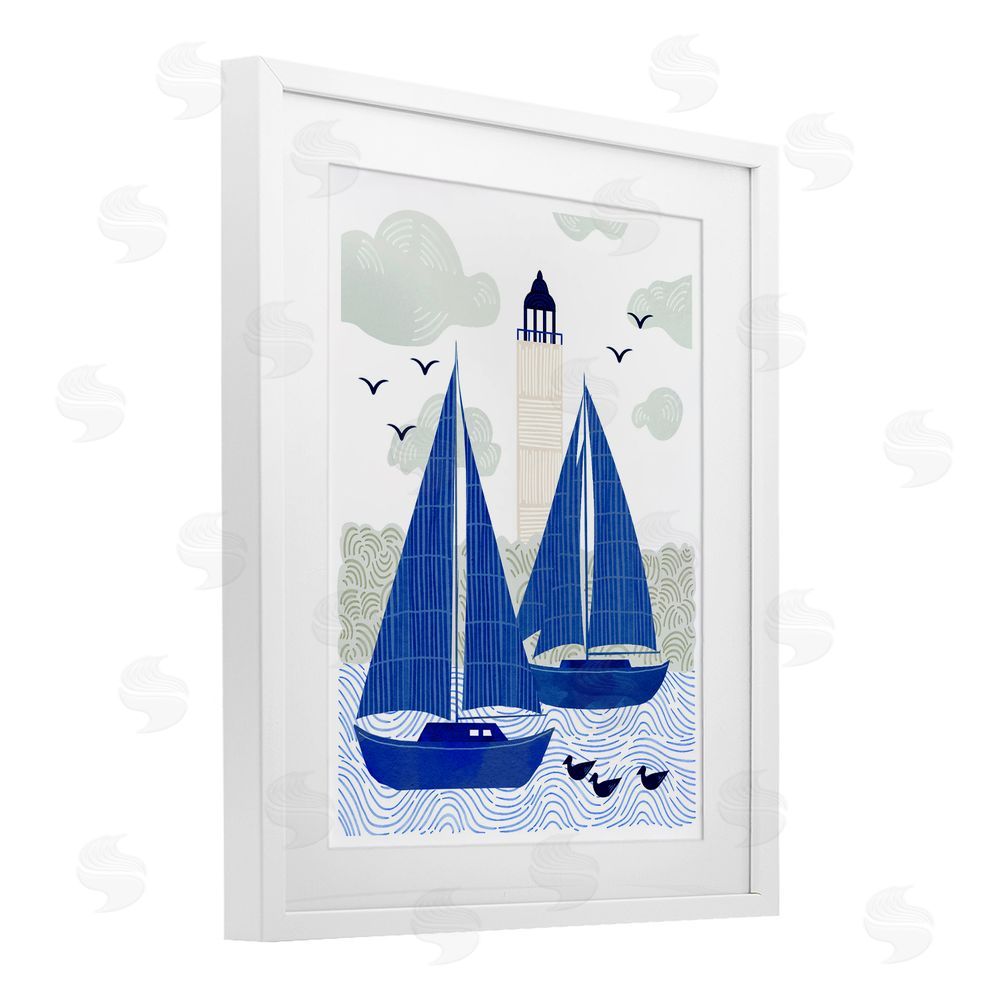 Ziwei Li Two Blue Sailboats by Lighthouse White Framed Print Under Glass Wall Art