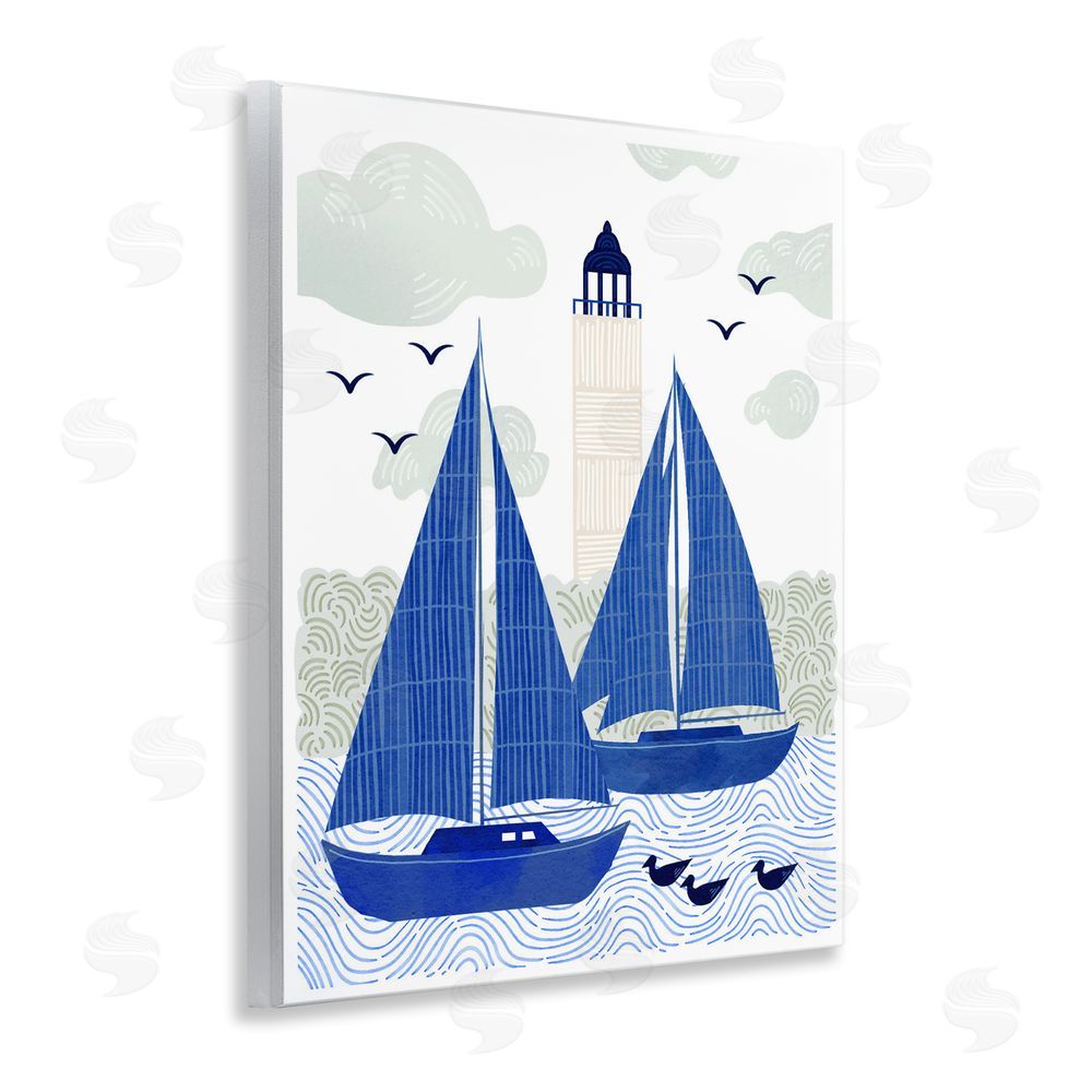 Ziwei Li Two Blue Sailboats by Lighthouse Wooden Wall Plaque Art Print