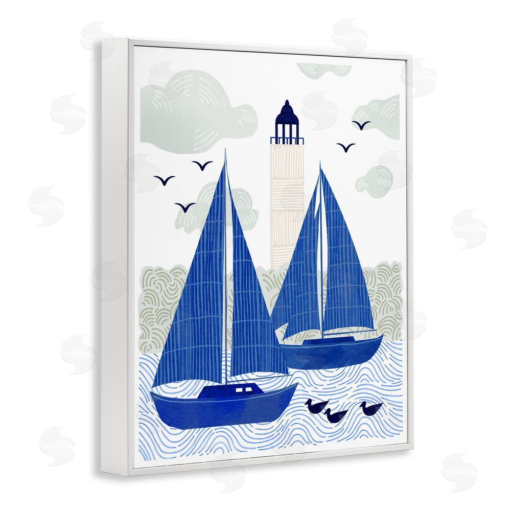 Ziwei Li Two Blue Sailboats by Lighthouse White Framed Giclee Wall Art Print
