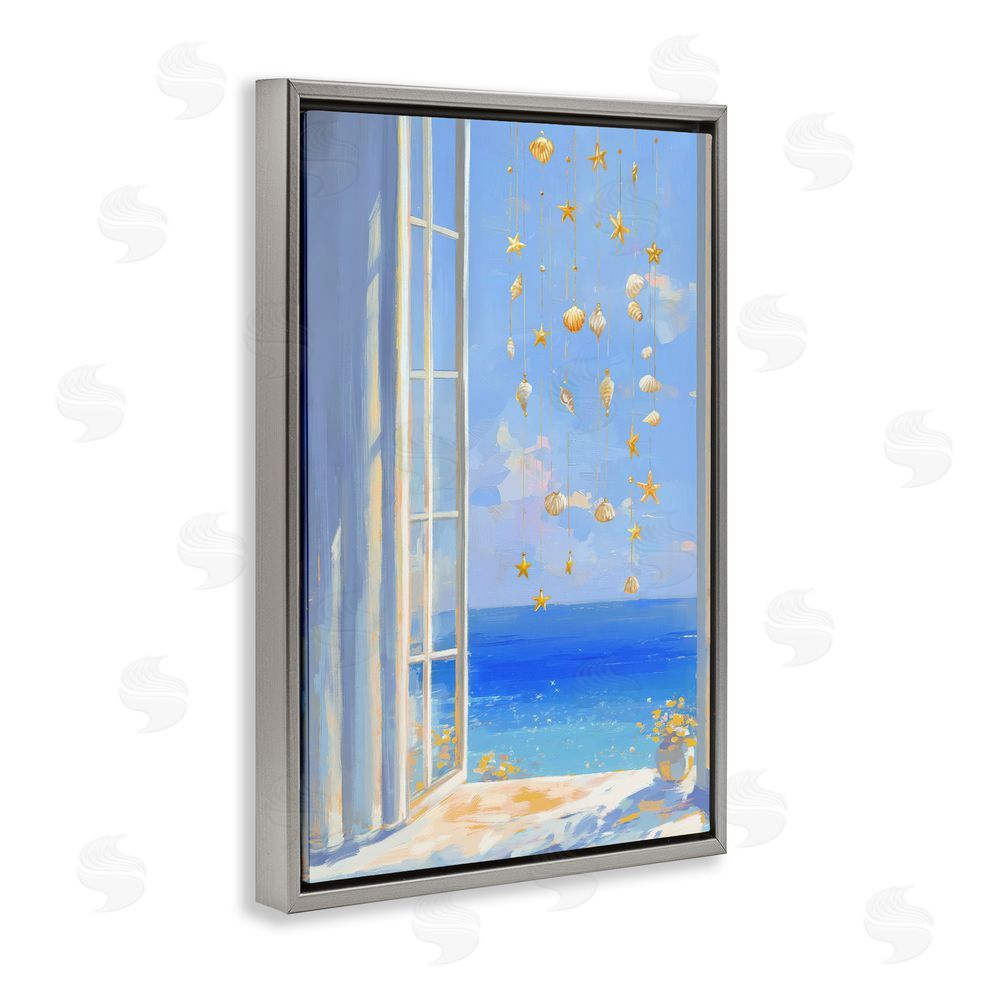 Ziwei Li Dangling Seashells in Window View Gray Floating Frame Canvas Wall Art Print