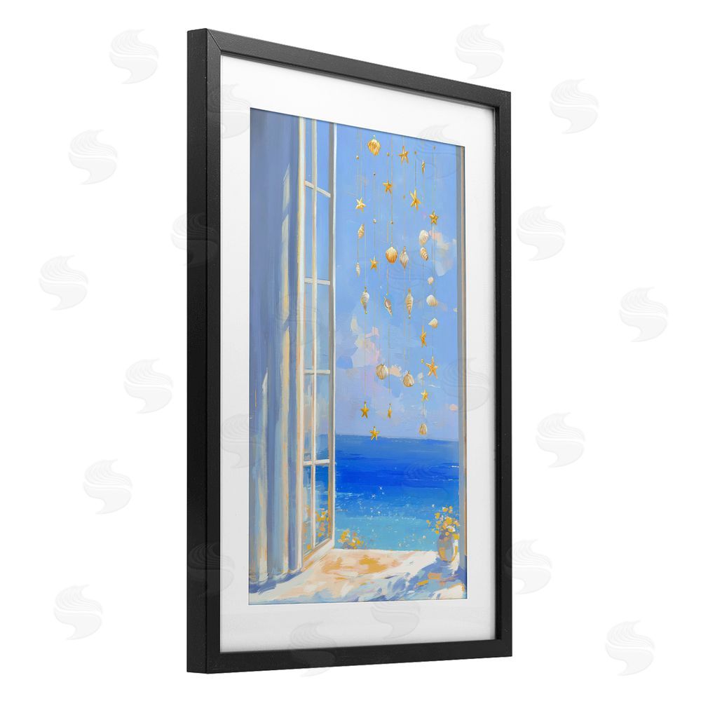 Ziwei Li Dangling Seashells in Window View Black Framed Print Under Glass Wall Art