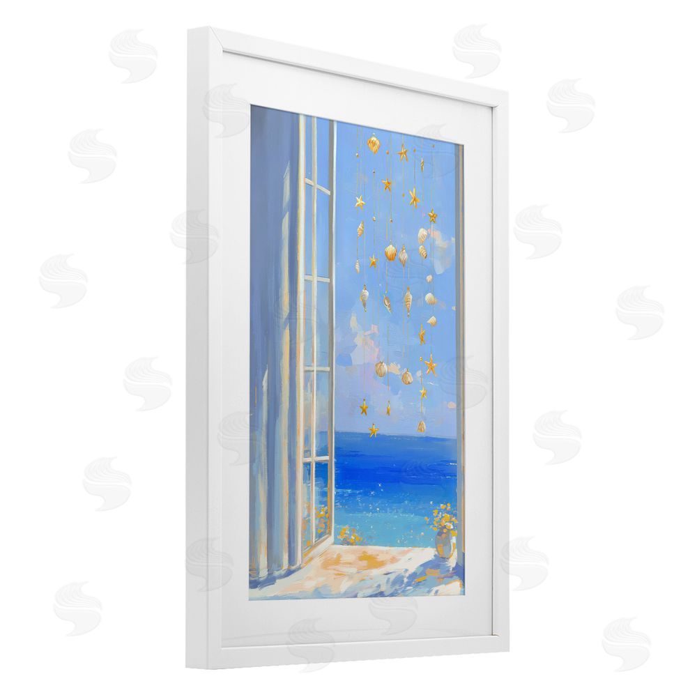 Ziwei Li Dangling Seashells in Window View White Framed Print Under Glass Wall Art