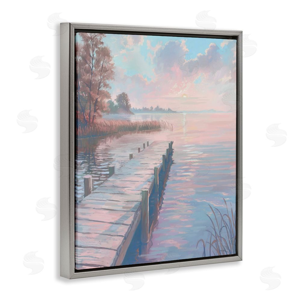 Ziwei Li Pastel Sunset Over Quiet Dock Gray Floating Frame Canvas Wall Art Print