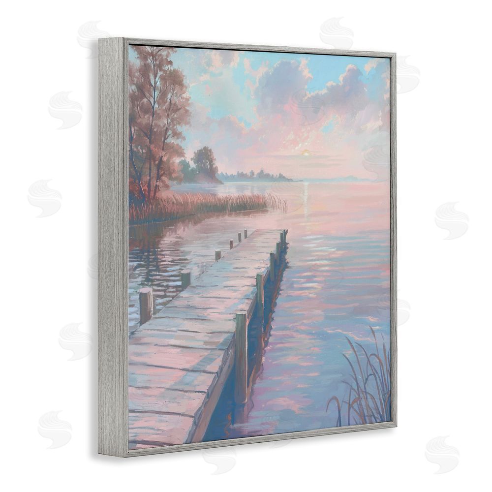 Ziwei Li Pastel Sunset Over Quiet Dock Gray Framed Giclee Wall Art Print