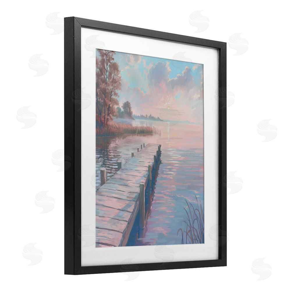 Ziwei Li Pastel Sunset Over Quiet Dock Black Framed Print Under Glass Wall Art