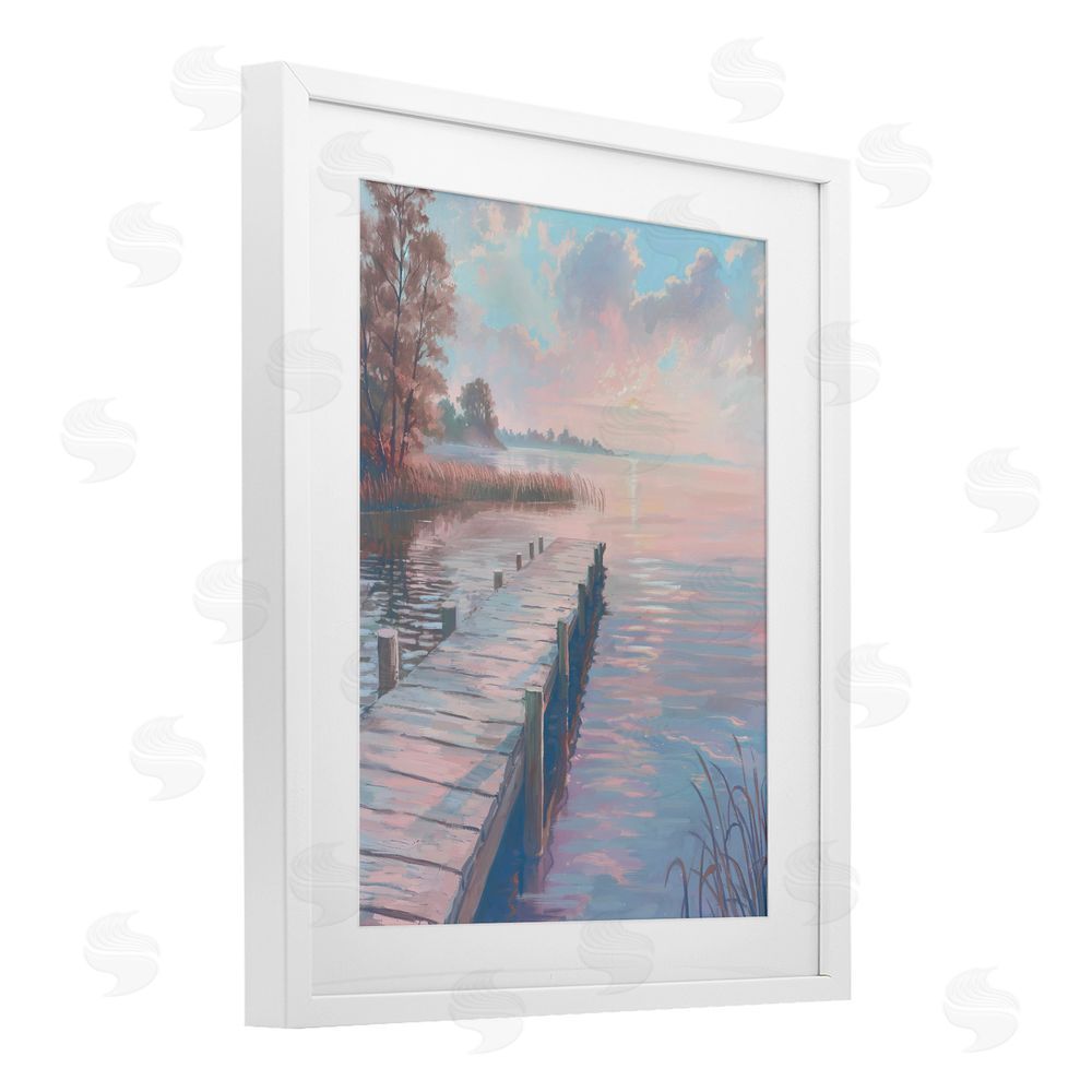 Ziwei Li Pastel Sunset Over Quiet Dock White Framed Print Under Glass Wall Art