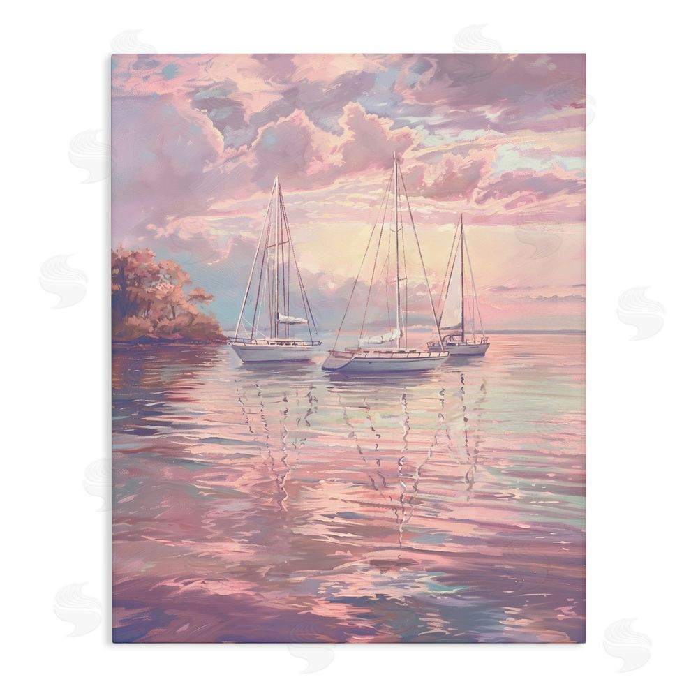 Ziwei Li Pastel Sunset over Anchored Boats Stretched Canvas Wall Art Print