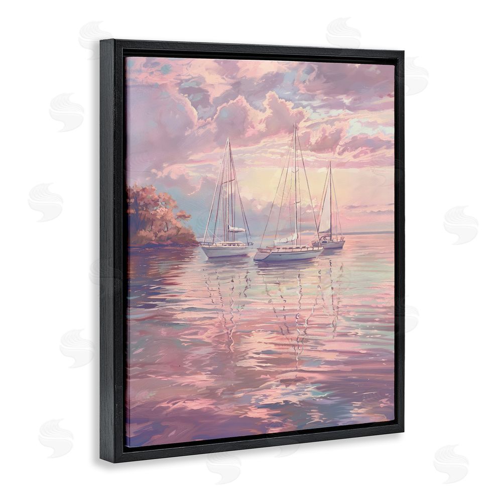 Ziwei Li Pastel Sunset over Anchored Boats Black Floating Frame Canvas Wall Art Print